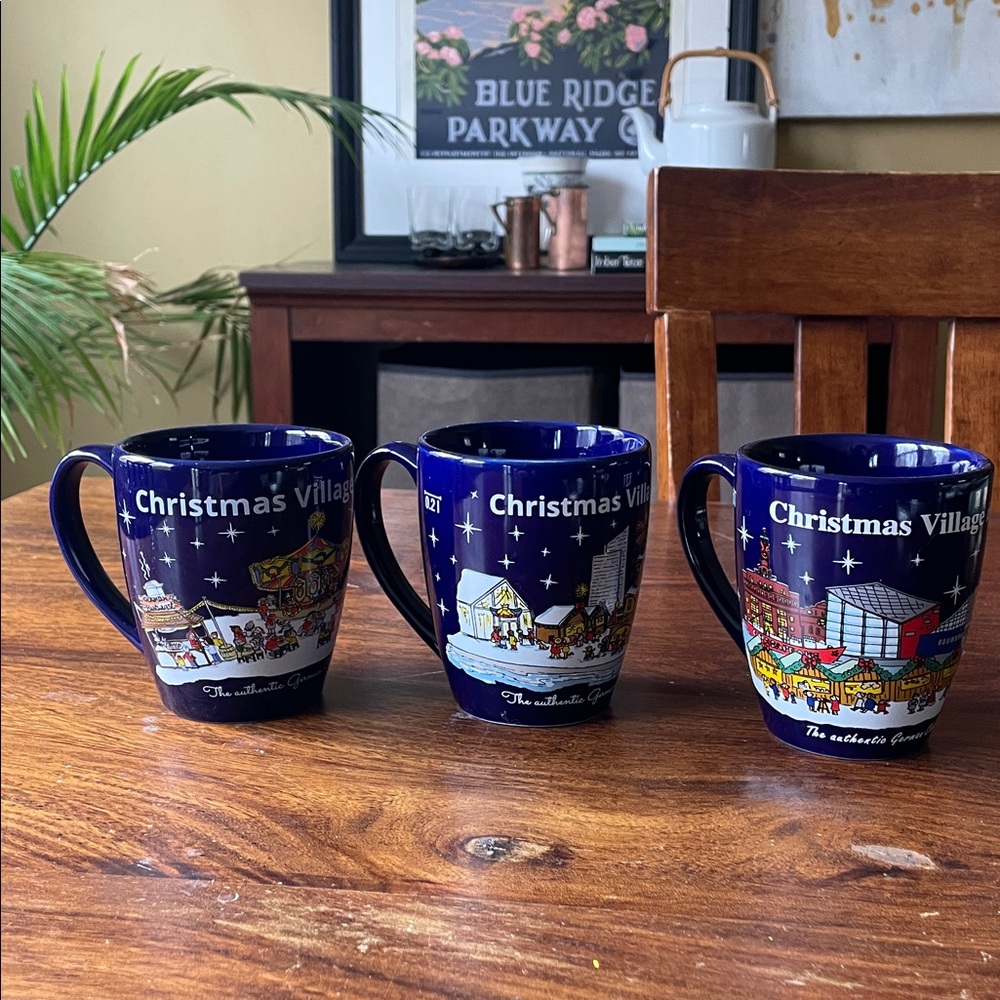 3 BALTIMORE Navy Blue Christmas Village Gluehwein Mug Cup Night Market